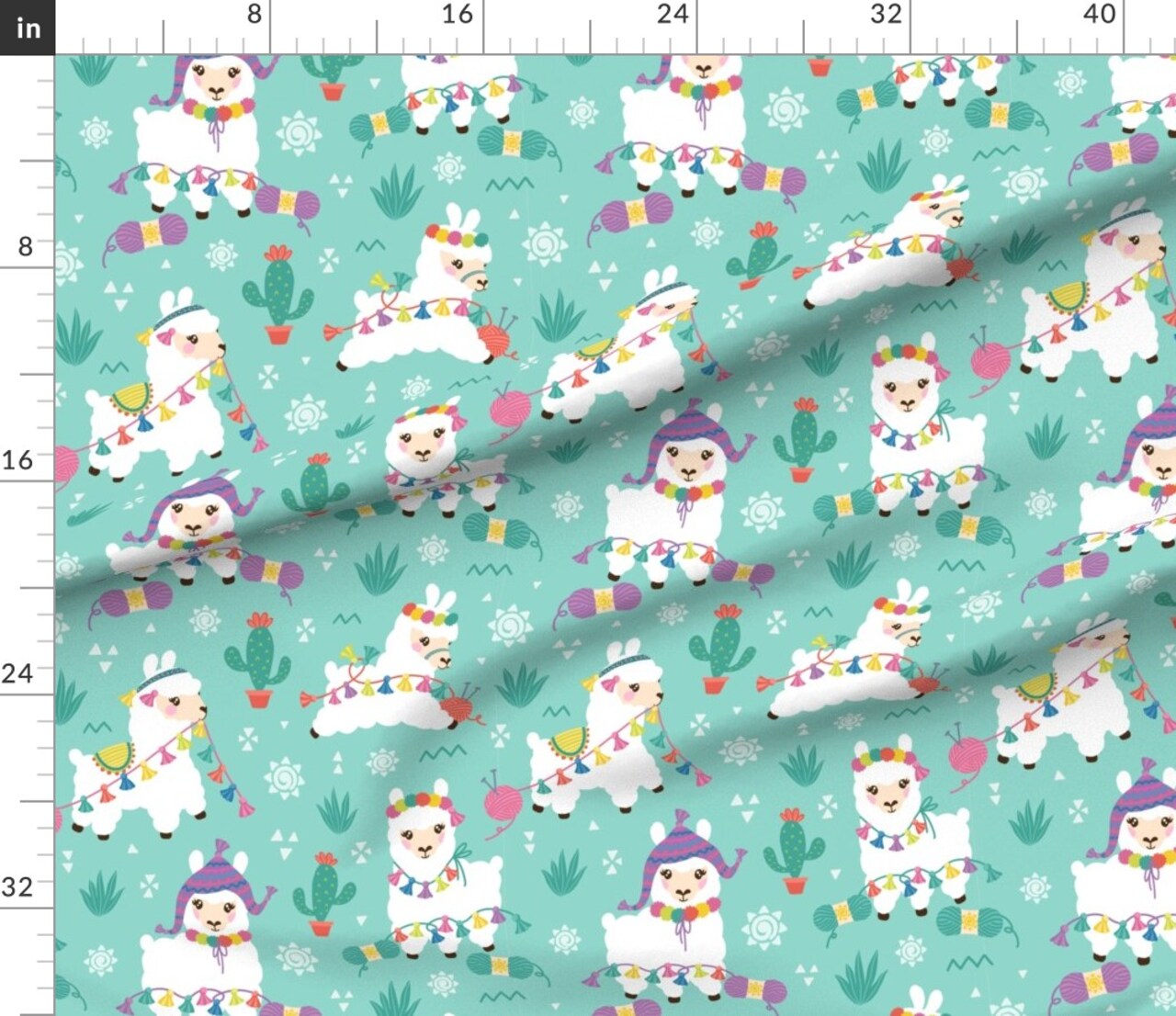 Kawaii Llamas Whimsical Colorful Cute Baby Aqua Teal Custom Printed Fabric by Spoonflower Various Fabrics by the Yard or Fat Quarter